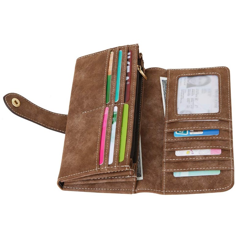 Cynure Women's Vegan Leather 17 Card Slots Card Holder Long Big Bifold Wallet,Coffee - Image 3